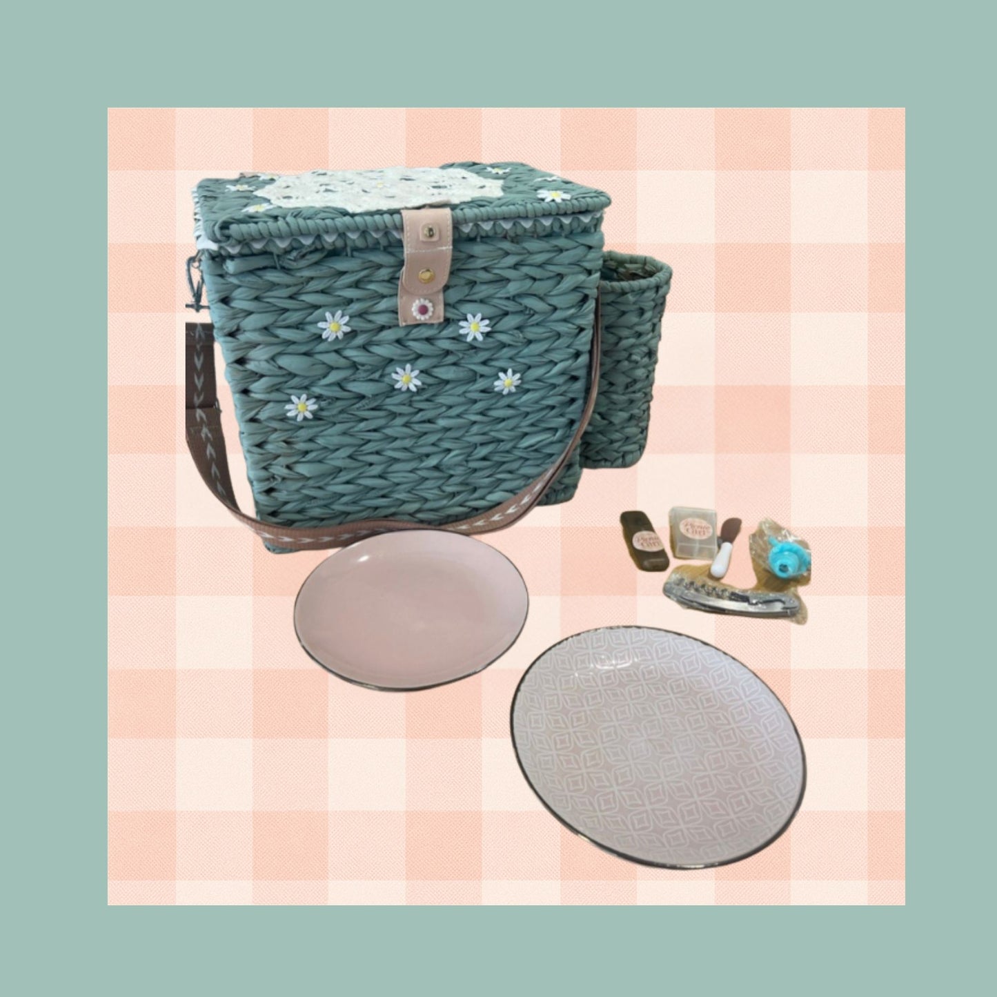 Lazy Daisy Cheese & Wine for 2. One Of A Kind Handmade / Upcycled Picnic Basket set.