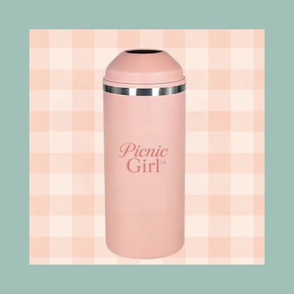 Picnic Girl limited edition insulated metal wine bottle cooler in soft pink with a secure screw top lid
