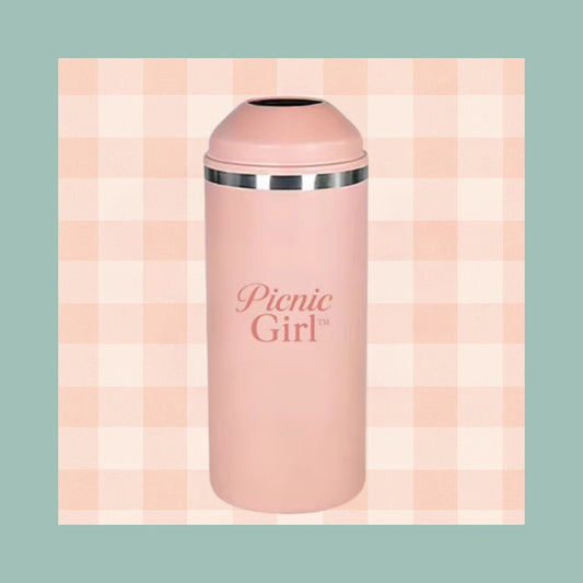 Picnic Girl limited edition insulated metal wine bottle cooler in soft pink with a secure screw top lid