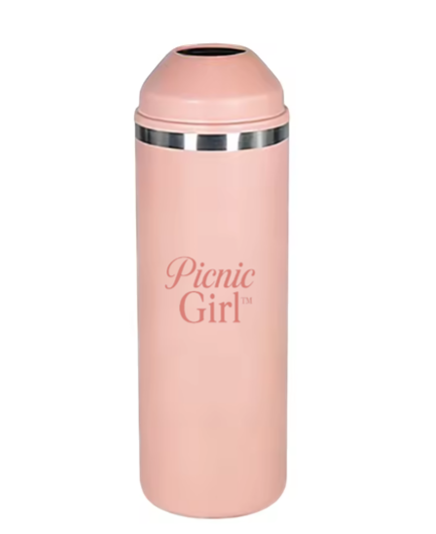 Picnic Girl insulated metal wine bottle cooler in soft pink with a secure screw top lid