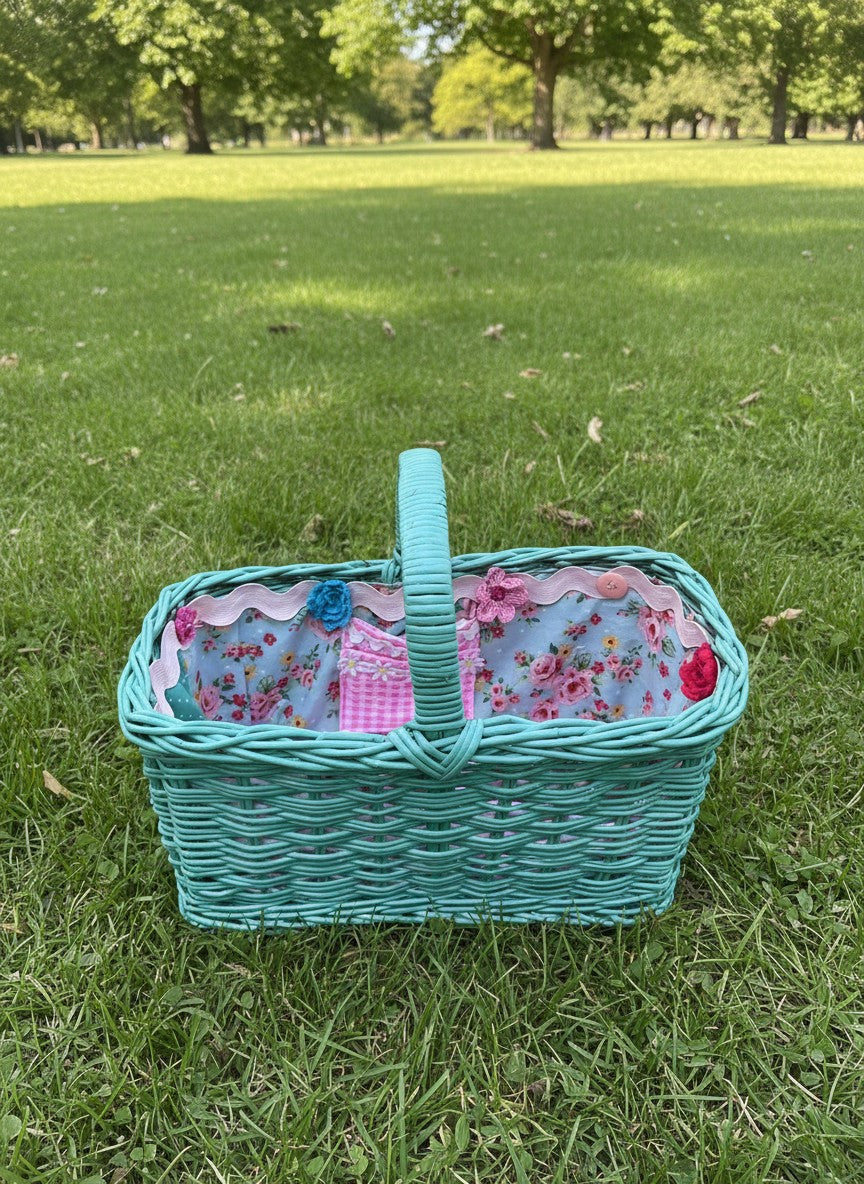 Picnic Girl teal wicker basket with floral and pink gingham lining, featuring decorative crochet flower accents.